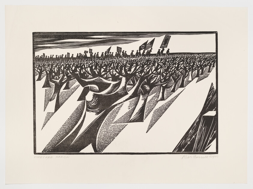 A black and white woodcut print titled "Vineyard March" depicting a stylized, dynamic scene of numerous figures marching through a vineyard with exaggerated perspective lines leading towards a horizon filled with industrial shapes and buildings. The artwork is signed by the artist in the bottom right corner.