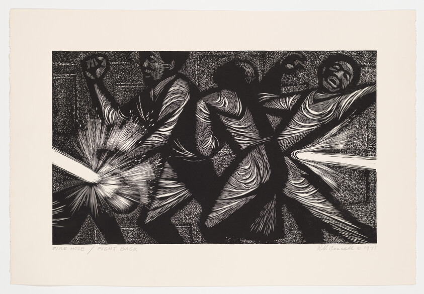 A black and white linocut print depicting three stylized figures with dynamic, swirling lines suggesting movement. The figure in the foreground appears to be using a fire hose, with water forcefully spraying out in a fan shape. Below the image, the words "FIRE HOSE / FIGHT BACK" are printed, and in the bottom right corner, there's a signature with the date 1971.