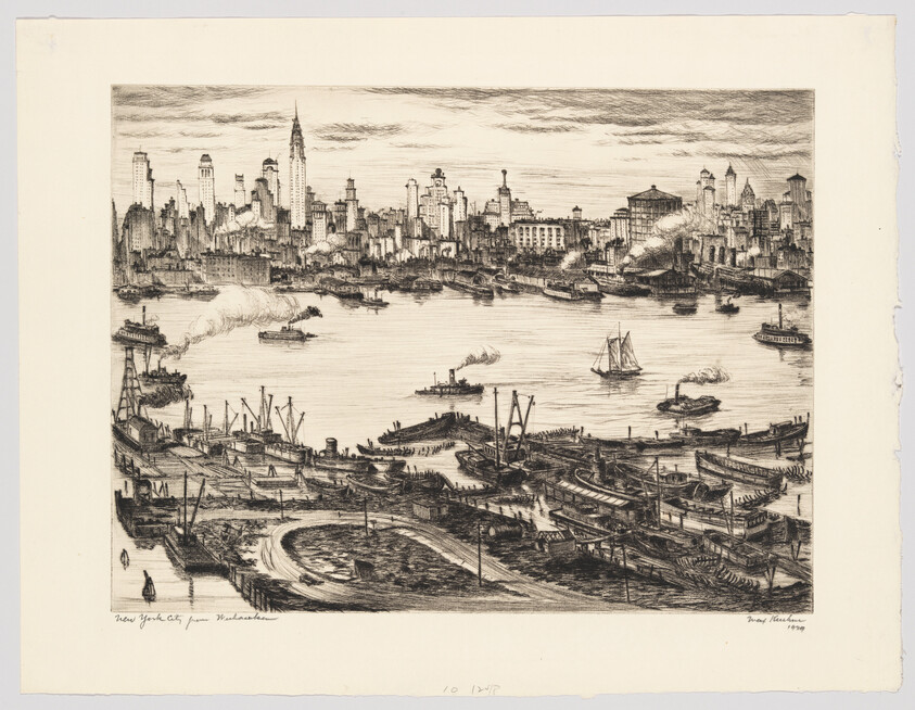Busy harbor with many piers, steamships, and a city skyline in the background.