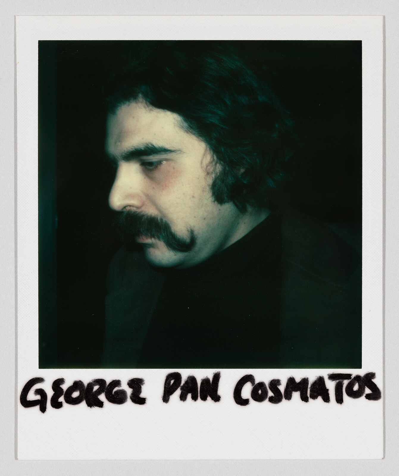 Close-up portrait of a man with dark hair and a thick curled mustache looking downward.