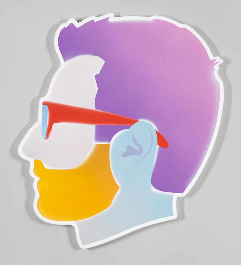 Stylized colorful male profile with purple hair, yellow beard, and red sunglasses.