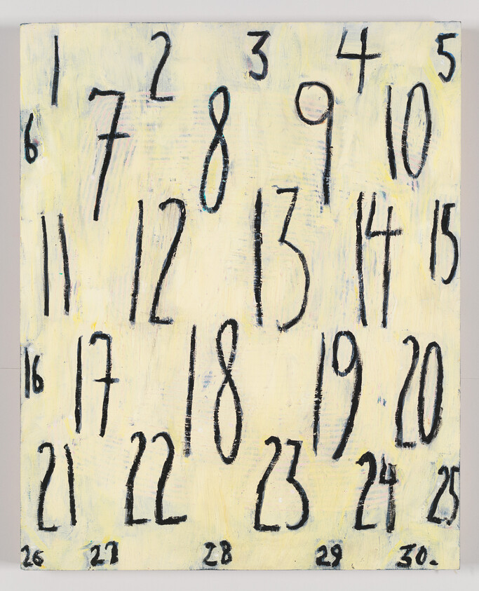 Hand-painted black numbers one through thirty arranged in loose calendar grid on pale yellow background.