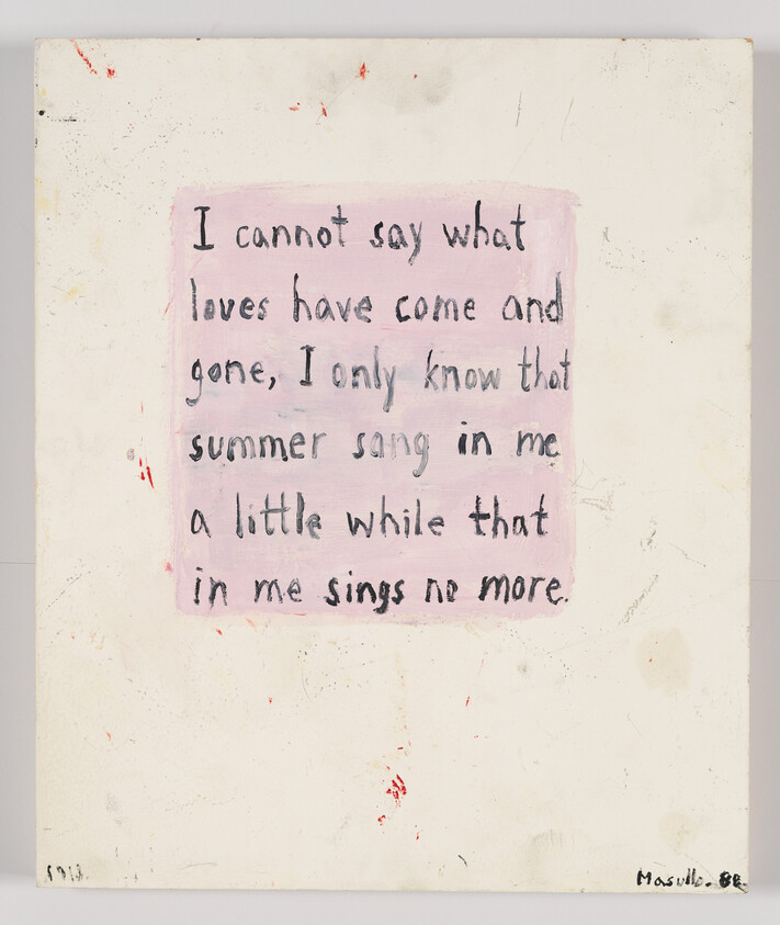 Hand-painted canvas with handwritten poem about summer and lost love centered on a pale pink rectangle.
