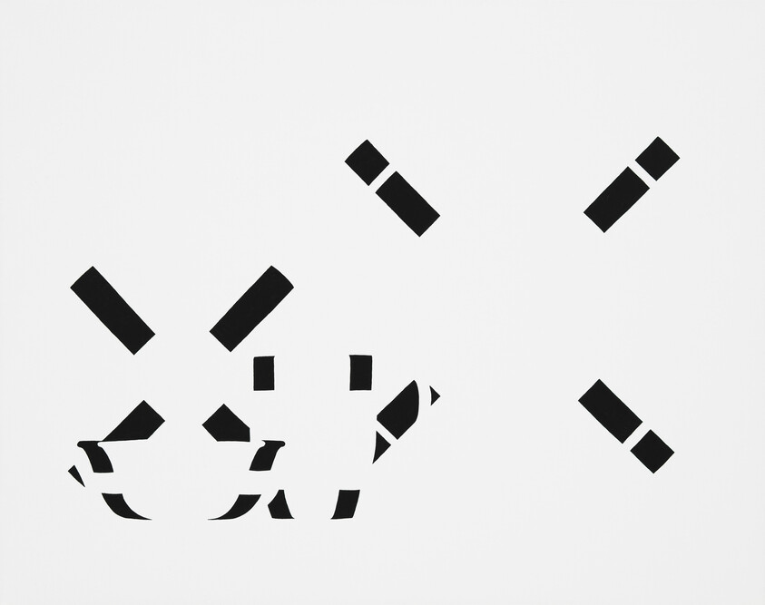 Abstract arrangement of black geometric shapes scattered across a white background.