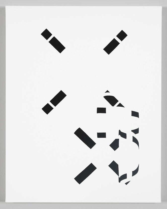 White canvas covered with scattered black rectangular shapes forming a broken X and fragmented pattern.