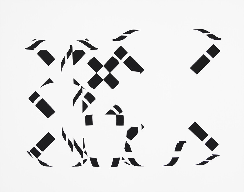 Scattered black geometric shapes form a fragmented pattern against a plain white background.