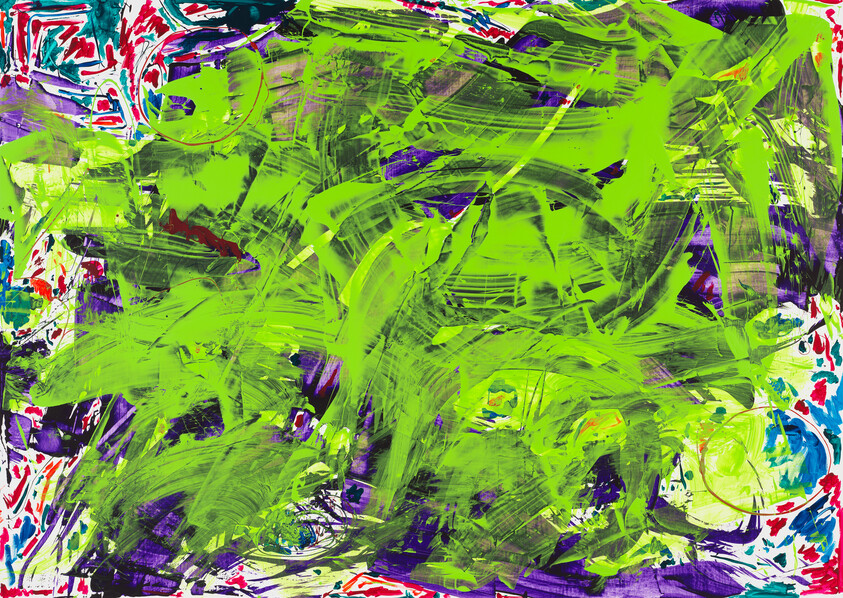 Bright neon green brushstrokes sweep across a chaotic purple background with colorful painted border.