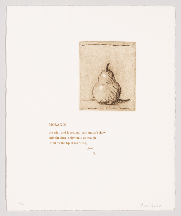 A print featuring a small, centered etching of a pear at the top and a poem about the artist Morandi at the bottom, with the artist's signature and the year '08 on the lower right. The print number 1/60 is on the lower left, indicating it's the first in a limited series.