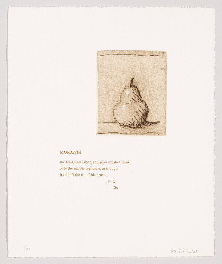 A simple sketched pear sits above a short printed poem titled Morandi.