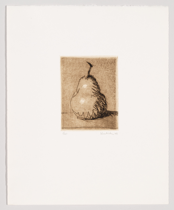 A sketch of a pear with a textured background, centered on a square piece of paper, which is itself centered on a larger white sheet. The image includes a signature and edition number at the bottom.