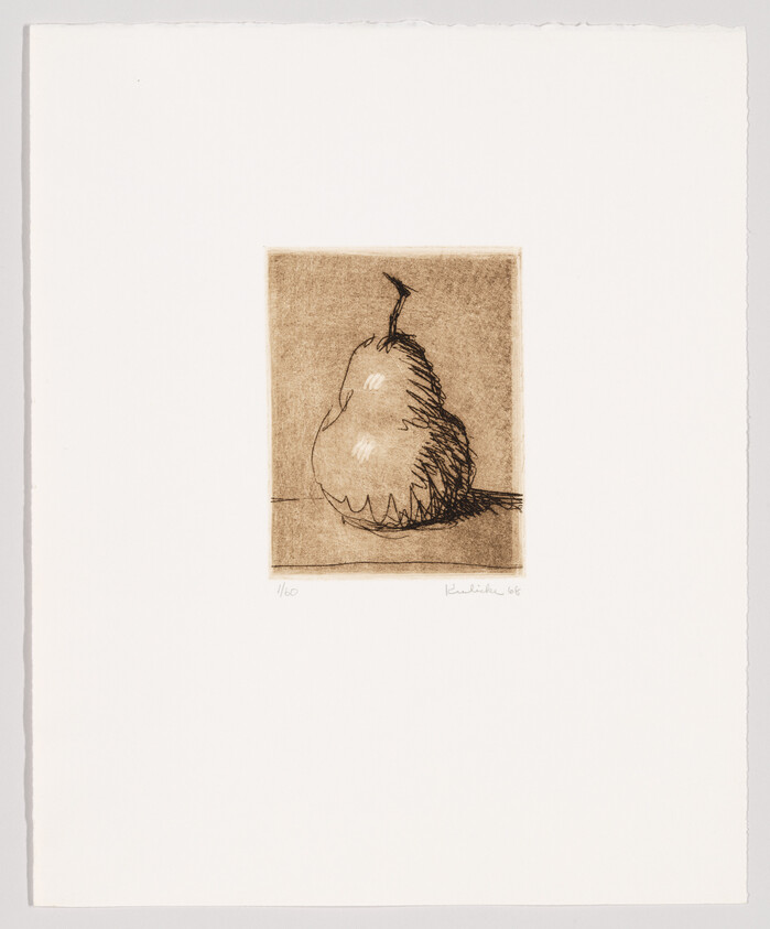 A simple sepia etching of a pear centered on a white paper sheet.