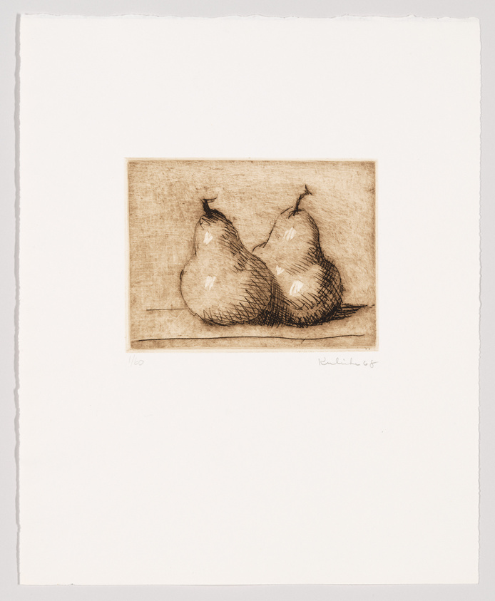 An etching of two pears with visible cross-hatching and shading, centered on a textured paper with a wide border. The print is numbered and signed by the artist in the lower margin.