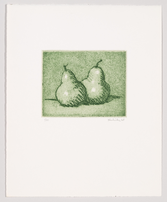 A print of two sketched pears with visible strokes on a textured green background, numbered 1/100 and signed by the artist in the lower margin.