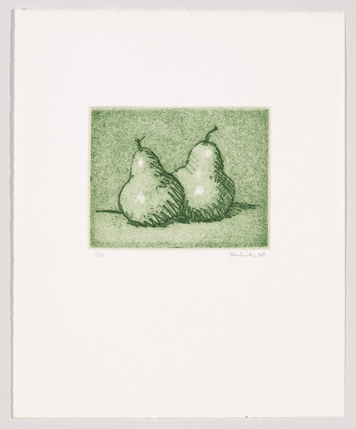 Two green pears sit side by side in a simple etched still-life.