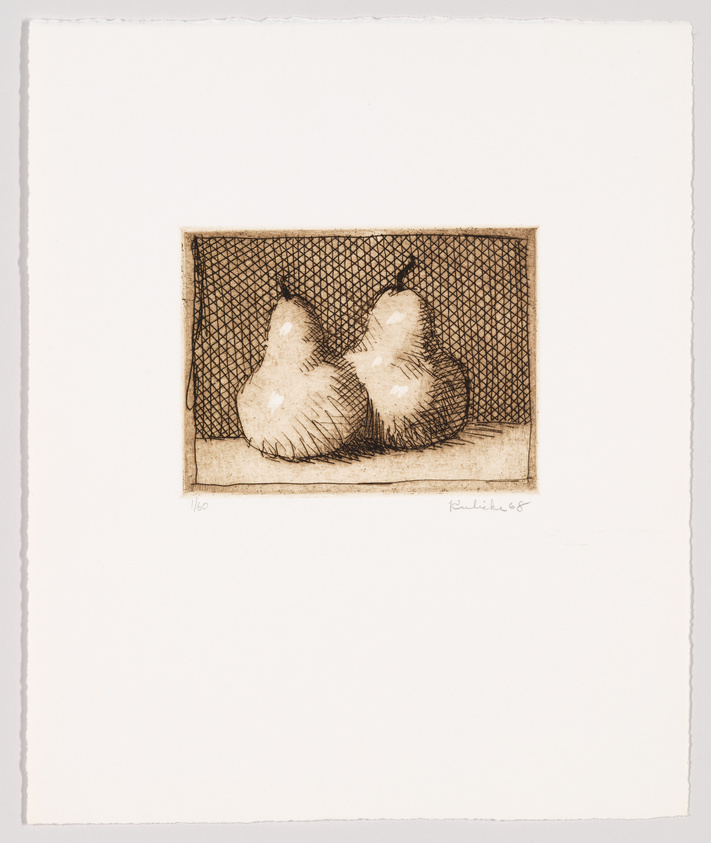 An etching of two pears with visible crosshatching details, set against a textured background, signed and numbered by the artist on a white paper with rough edges.