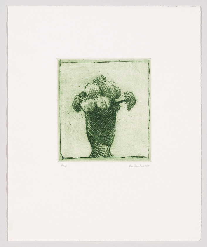 A simple green etching showing a vase filled with round flowers on a pale background.
