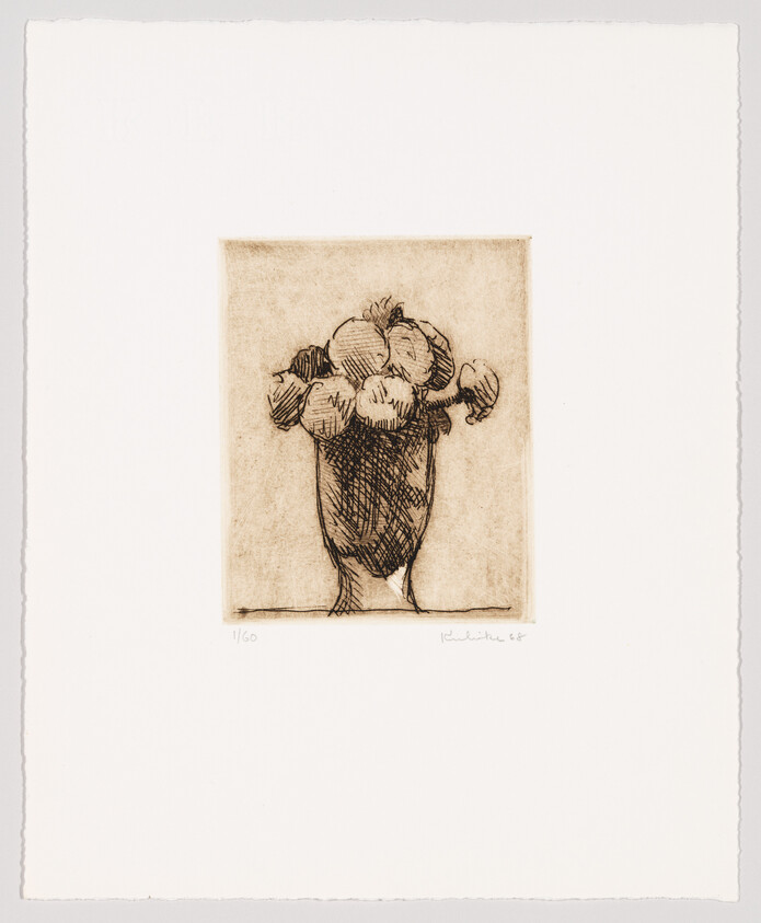 A simple etching of a vase holding round flowers or fruit, drawn in loose crosshatch lines.