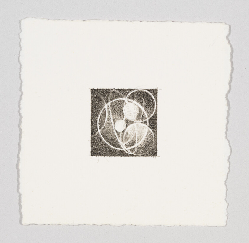 A small dark square sketch with overlapping white circular lines centered on torn white paper.