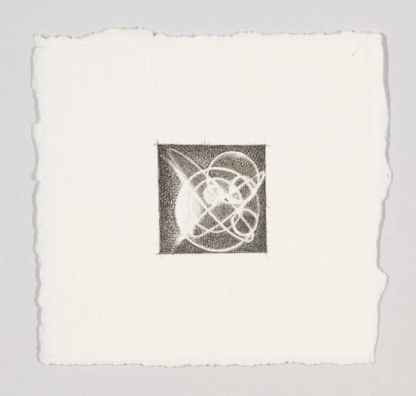 A small square pencil drawing of overlapping white loops and shaded background centered on torn paper.