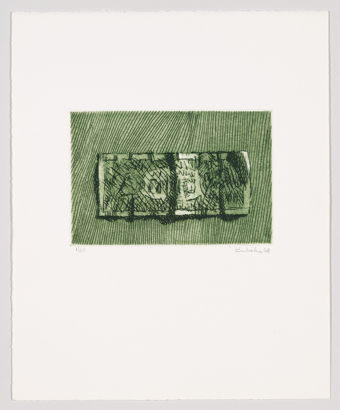 A print of a green-toned etching depicting a series of overlapping abstract figures, signed and numbered 1/100 by the artist in the lower margin.