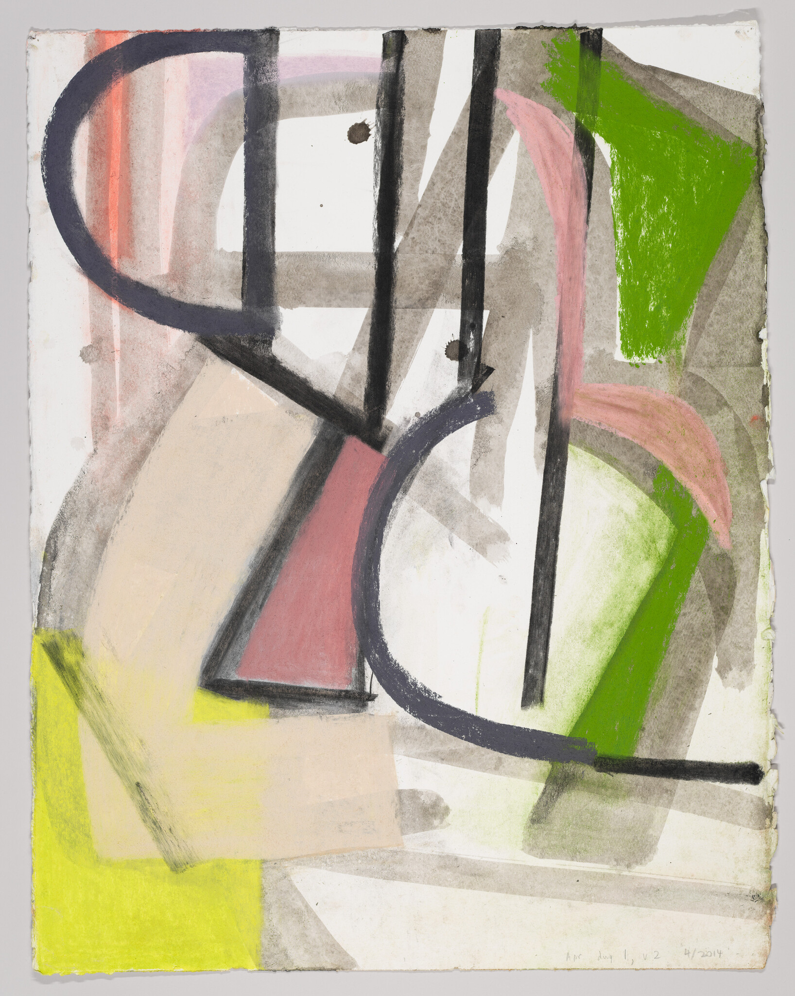 Abstract painting with bold black arcs intersecting soft green, pink, beige, and yellow geometric shapes.