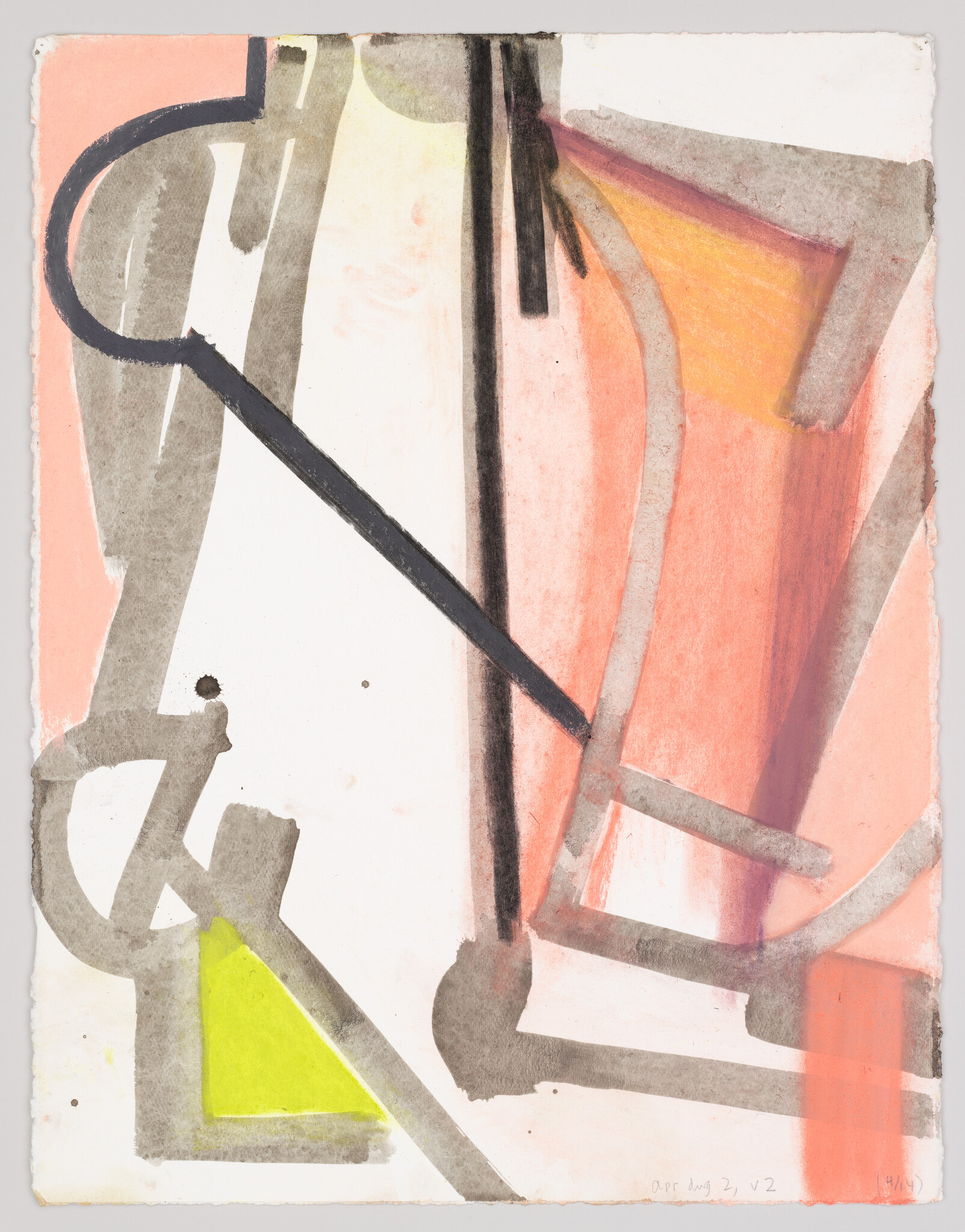 Abstract painting with bold gray and black lines over soft peach shapes and a bright yellow triangle.