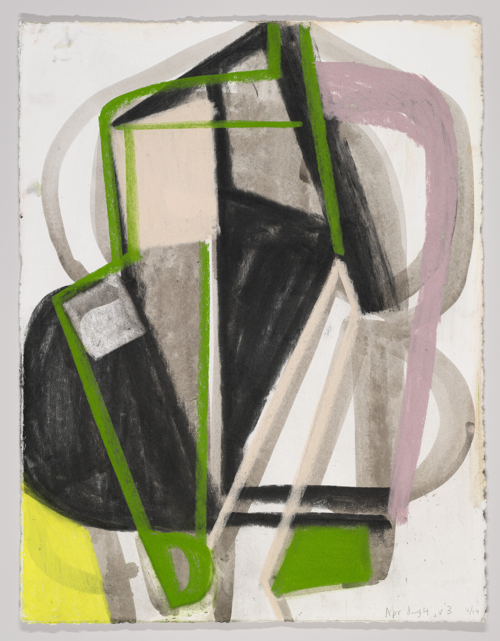 Abstract composition of overlapping black and gray geometric shapes accented with bright green and pink strokes.