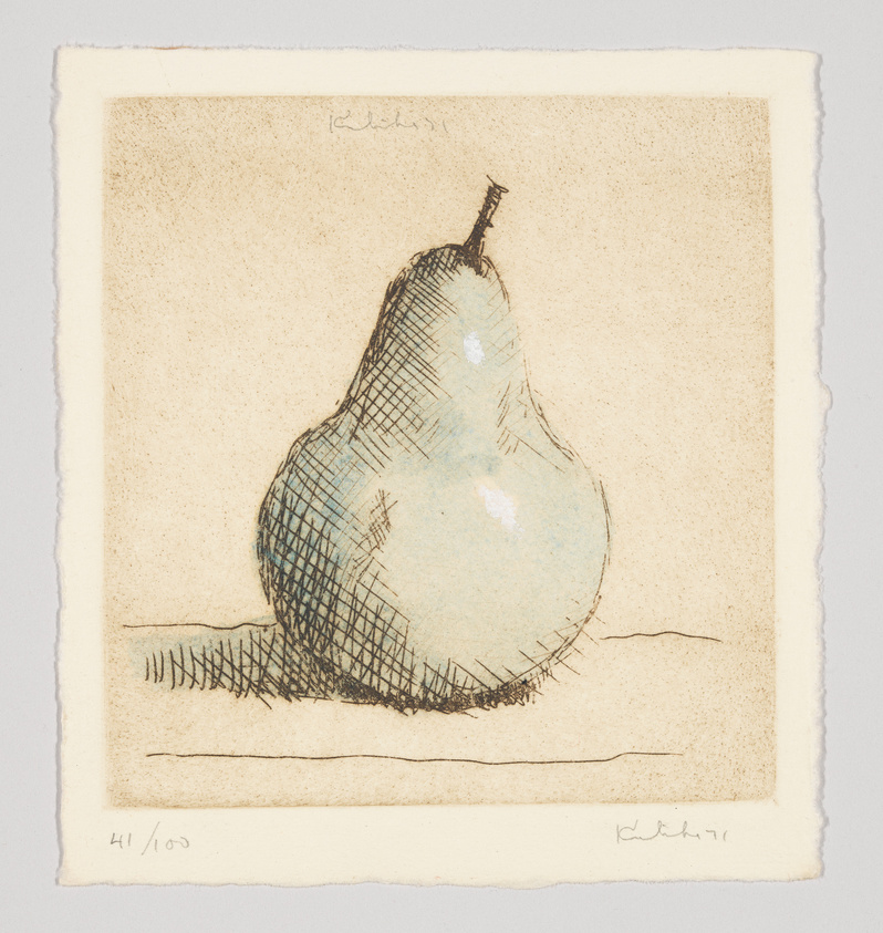 A hand-drawn etching of a pear with cross-hatching shadows on textured paper, signed and numbered by the artist.