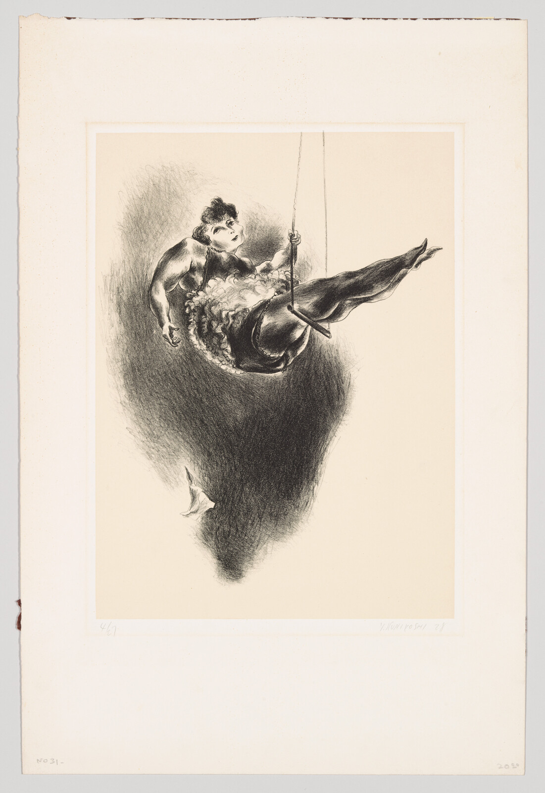A trapeze artist in a frilly skirt swings high above with a bird flying below.