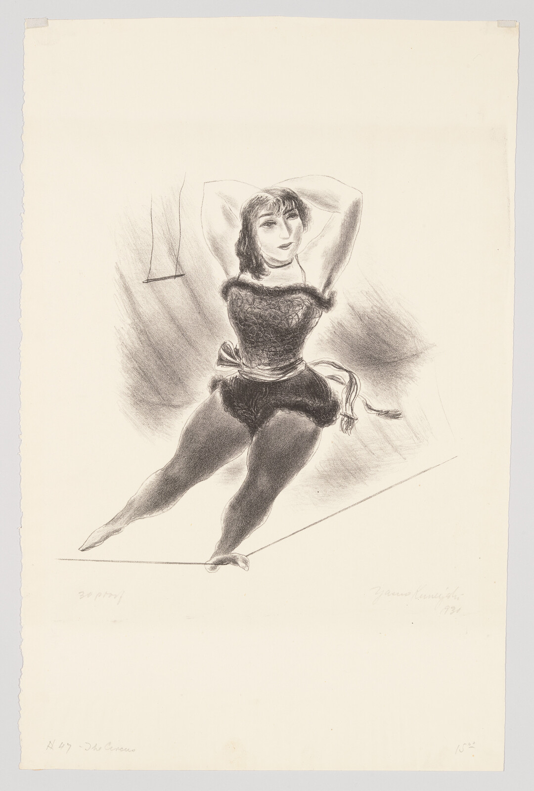 A female tightrope walker balancing on a rope with her hands behind her head.