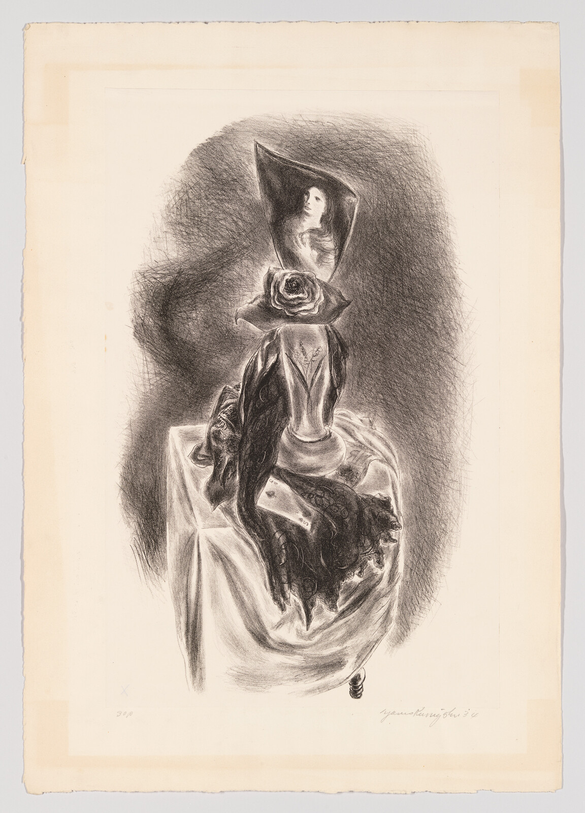 A vase with a single large rose sits on a draped table with a small portrait above.