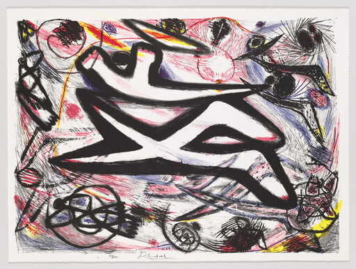 Bold black angular shapes cross a colorful field of scribbles, circles, and energetic red and yellow strokes.