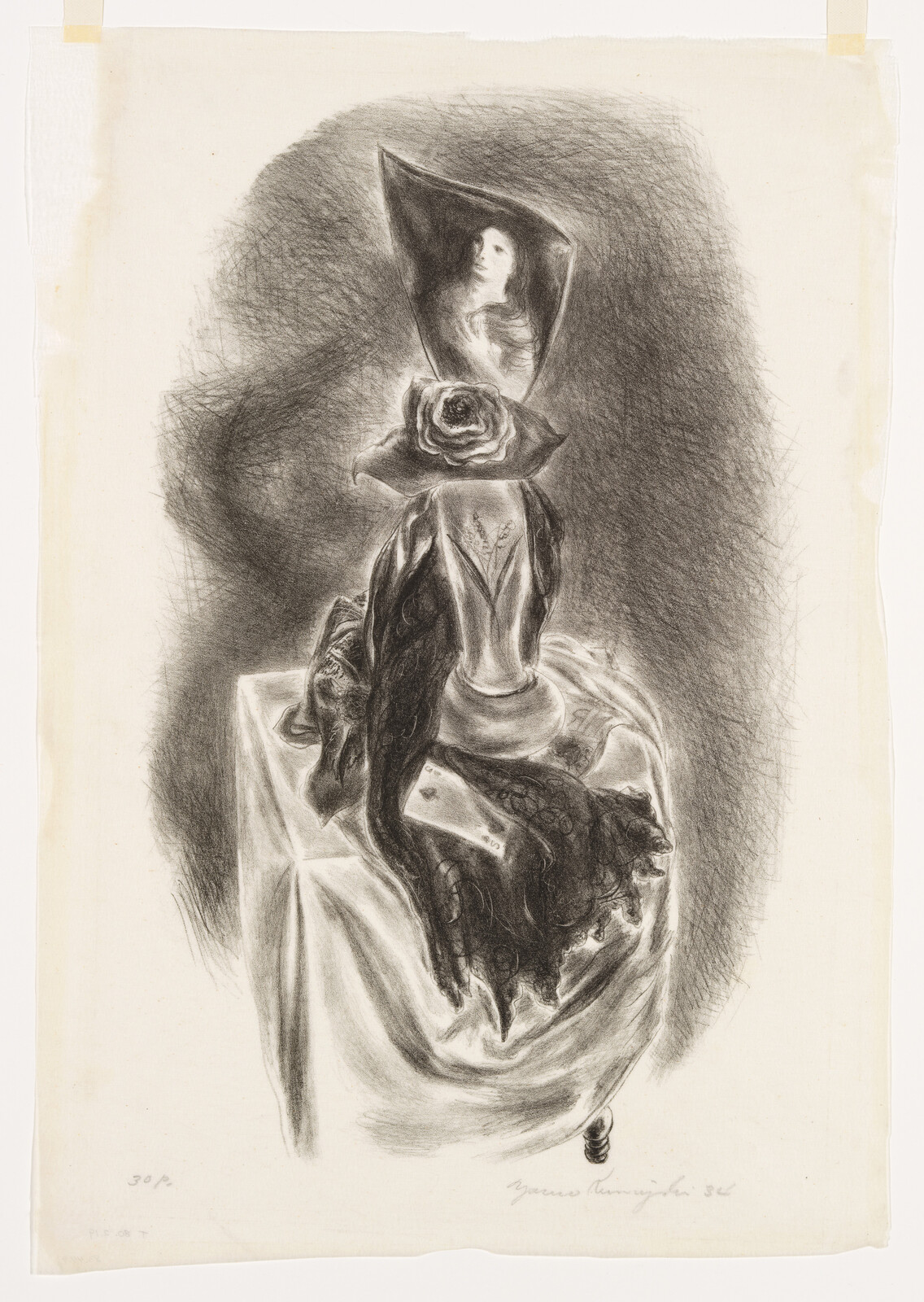 A vase with a large rose sits on draped cloth beneath a mirrored fragment showing a woman's face.