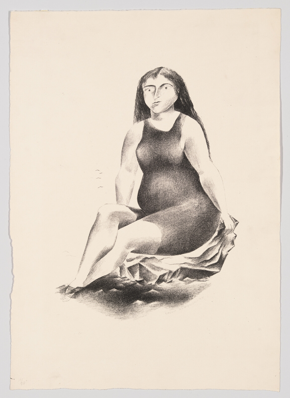 A seated woman in a dark swimsuit sits on a draped cloth, looking slightly to the side.