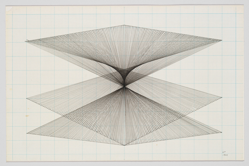 On gridded paper, three horizontally stretched, diamond-like shapes stack on top of each other. Finely drawn lines shoot out at diagonals and give the shapes dimension, like geometric craters folding in on each other.