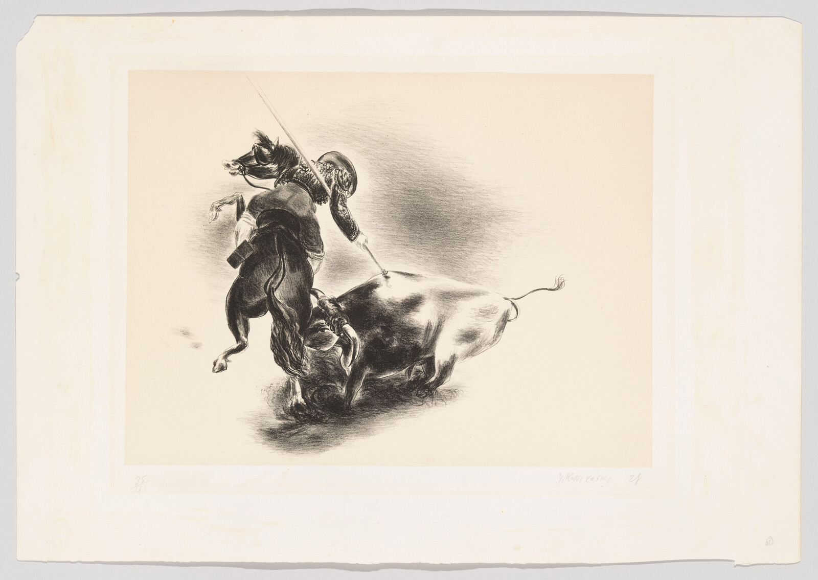 A mounted bullfighter on a rearing horse drives a lance into a charging bull.