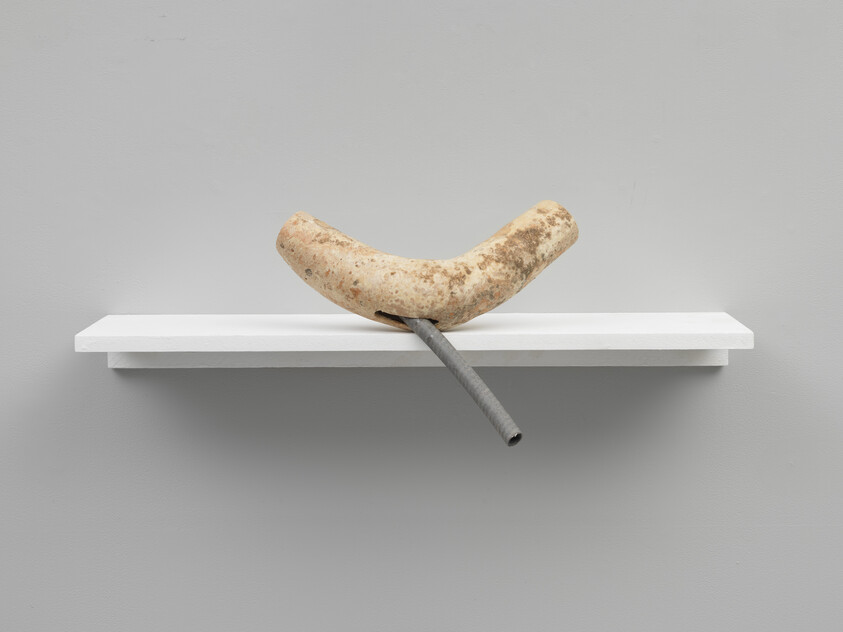 Curved pale stone-like object pierced by a metal tube rests on a narrow white shelf.