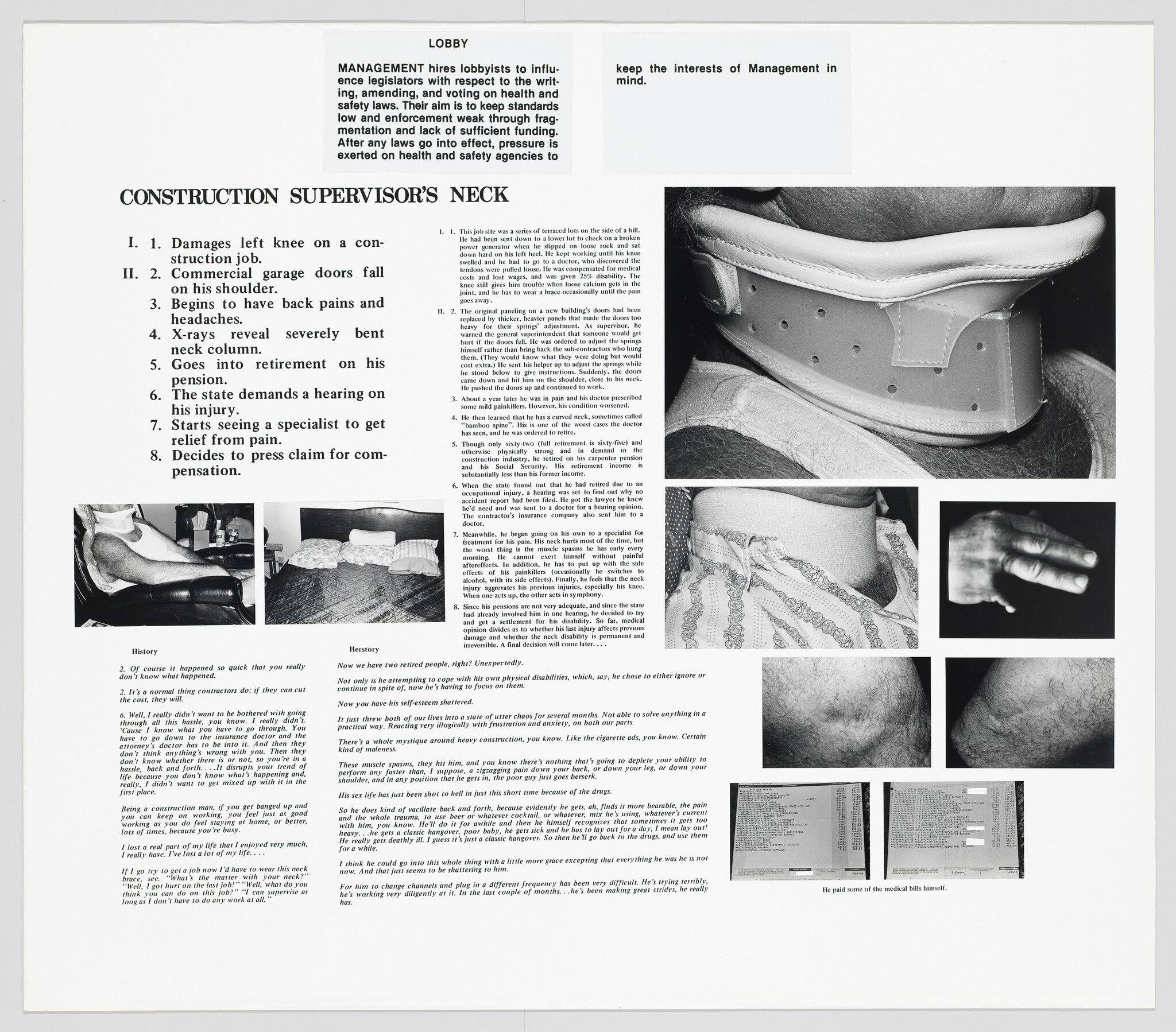 This image displays a collage of text and black-and-white photographs. The text is arranged in two columns with a title "CONSTRUCTION SUPERVISOR'S NECK" and lists a sequence of events related to workplace injury and compensation. Accompanying the text are several close-up photographs: a man wearing a neck brace, a close-up of a hand with a swollen finger, and images showing skin with scar patterns. The layout resembles a page from a publication or report, with a narrative that combines personal testimony and medical history.