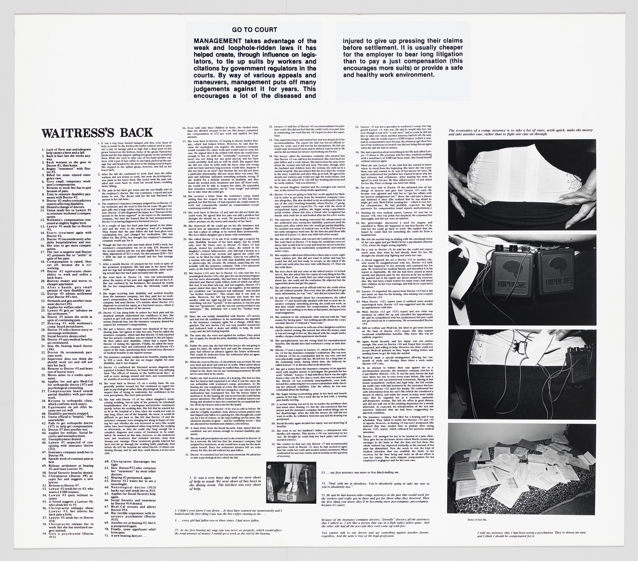 Large poster titled "Waitress's Back" with columns of text and black-and-white photos of a woman's bandaged back and scattered documents.