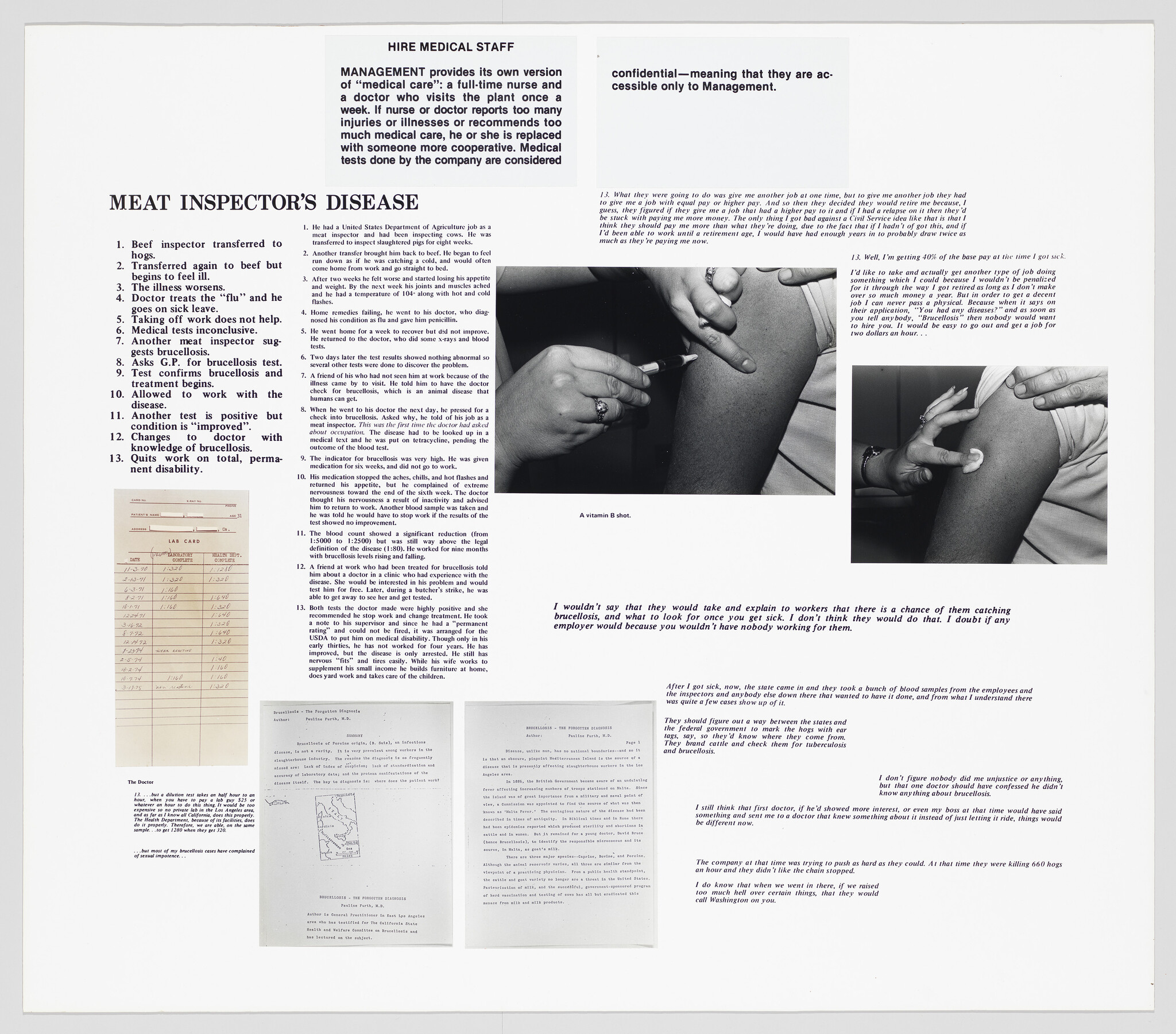 Poster titled Meat inspector's disease showing medical text and photographs of a person receiving arm injections.