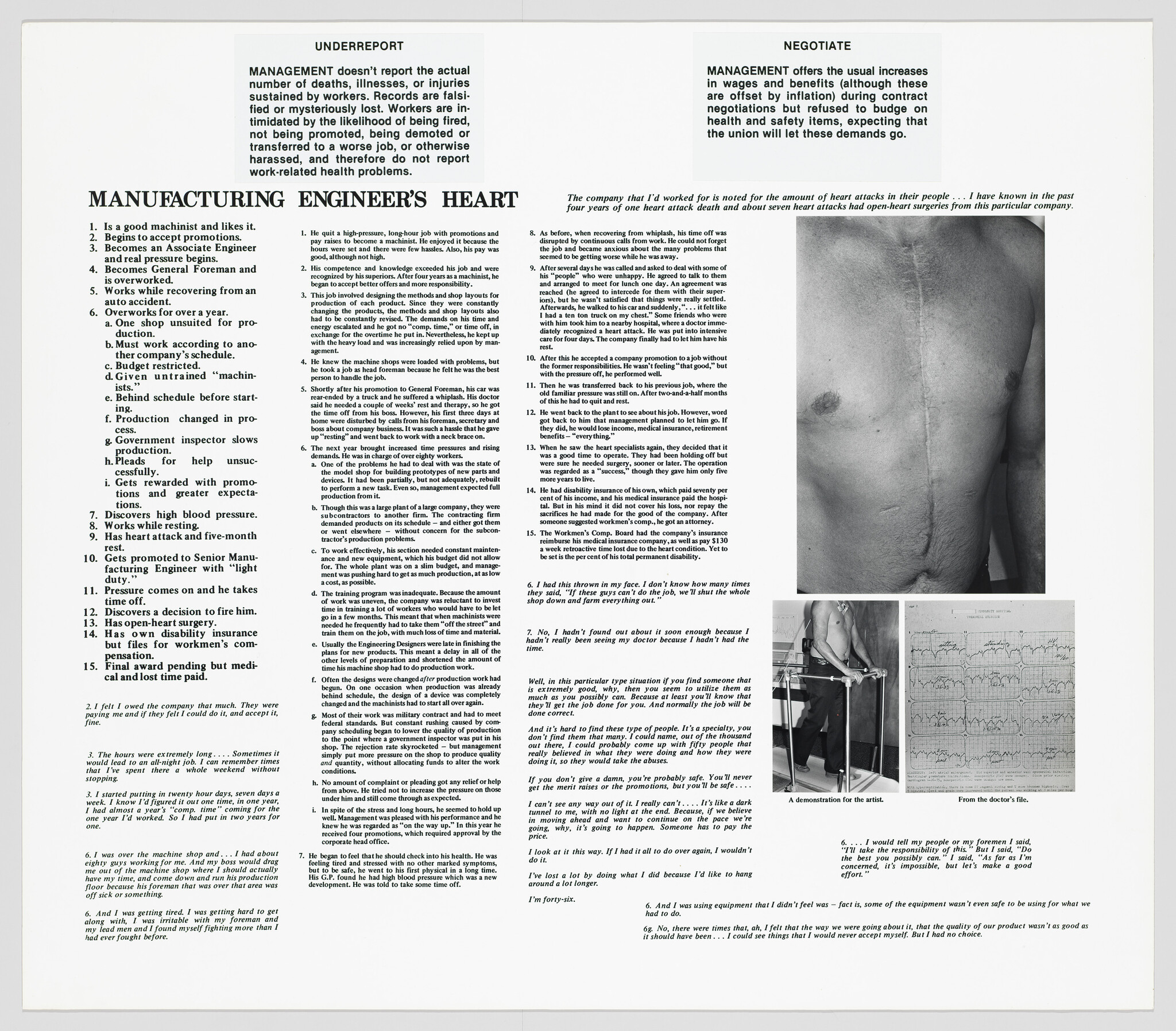 Poster describing a manufacturing engineer's heart condition with detailed text, chest photos, and ECG.