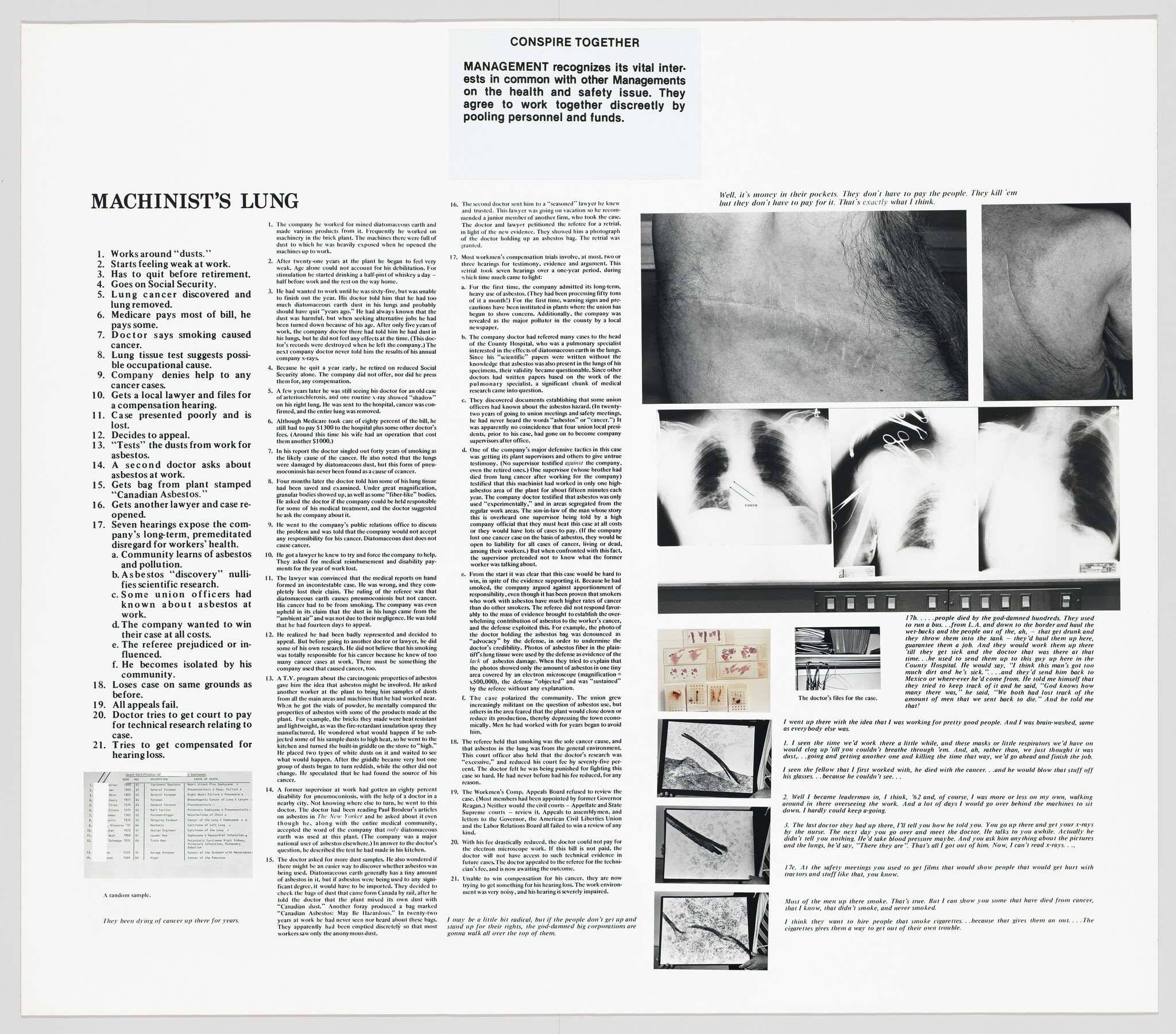 Poster titled "Machinist's Lung" listing symptoms and showing chest X-rays and lung photographs.