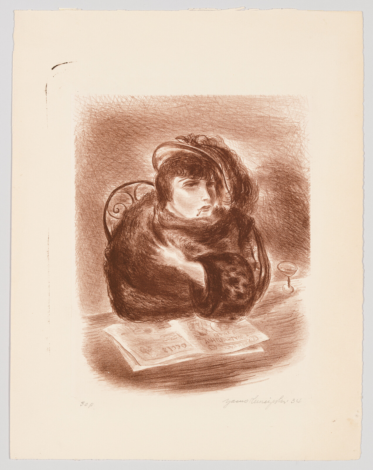 A woman bundled in a heavy fur coat sits at a table with a newspaper and glass.