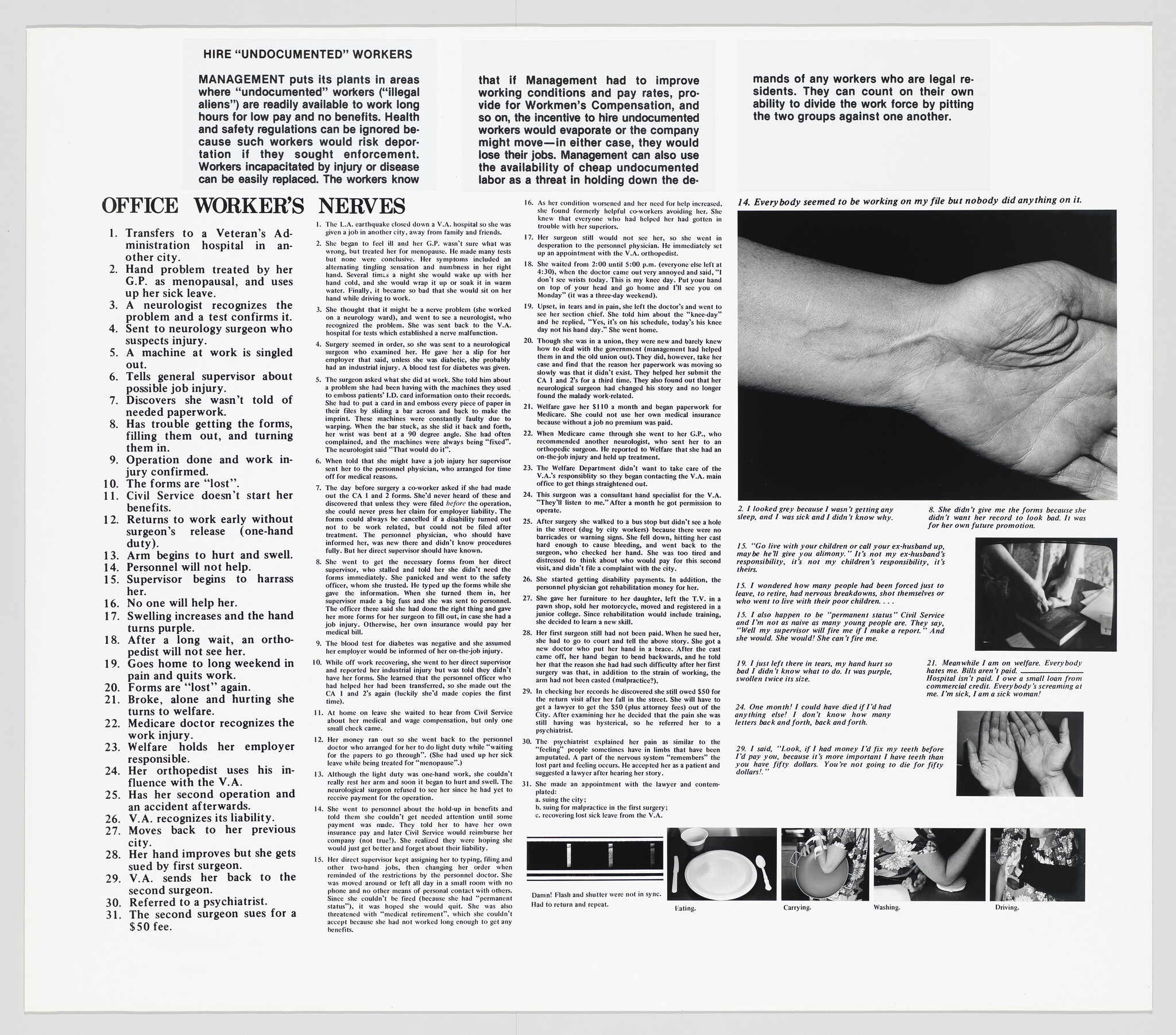 Poster about office worker's nerves and treatment processes with large photograph of an injured hand.