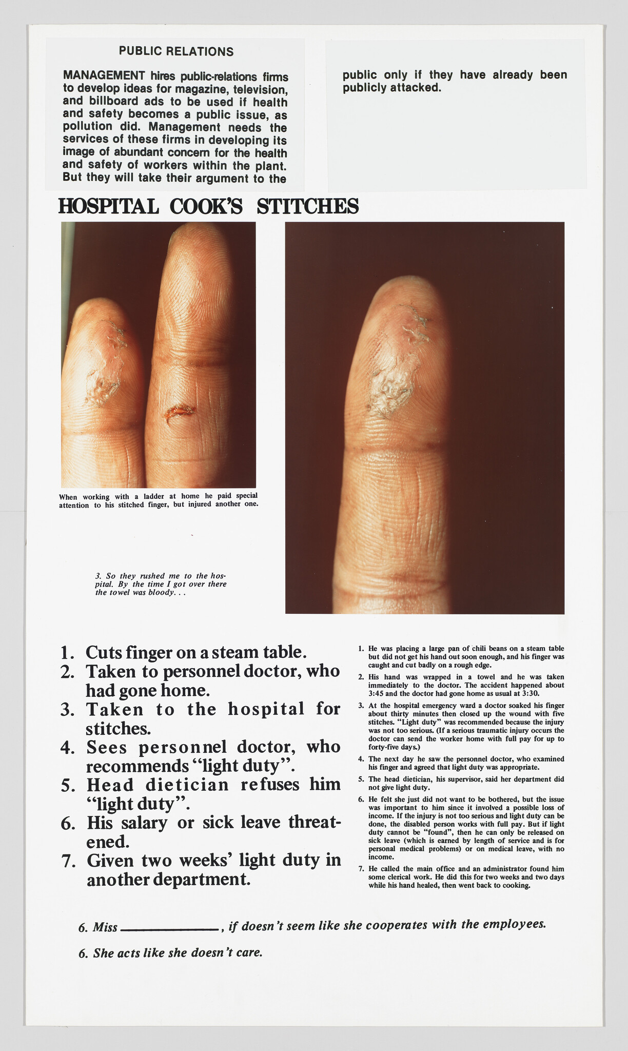Close-up of a cook's stitched and injured fingertips with accompanying hospital treatment steps and summary.