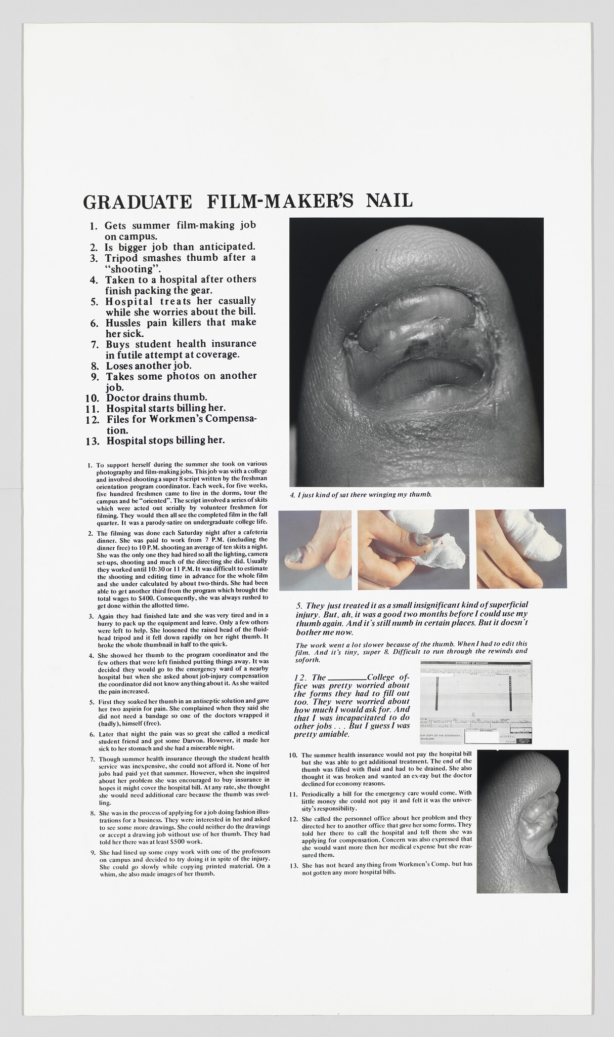 A poster describing a graduate filmmaker's severely injured thumbnail with photos and a numbered injury timeline.