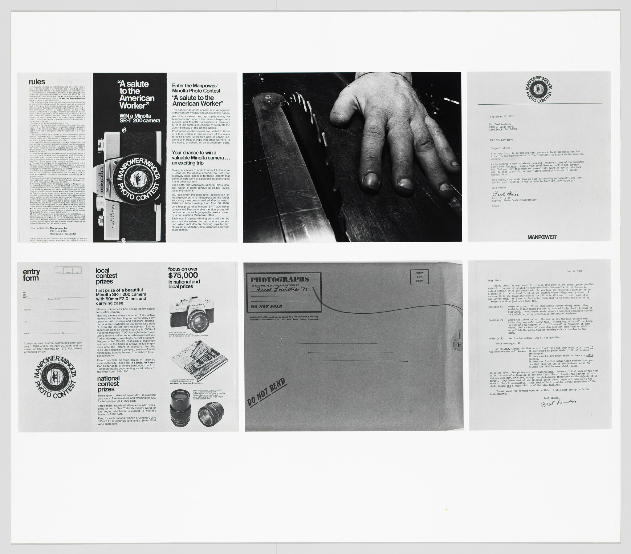 Printed collage showing contest materials, a worker's hand on machinery, and a "Do not bend" envelope.