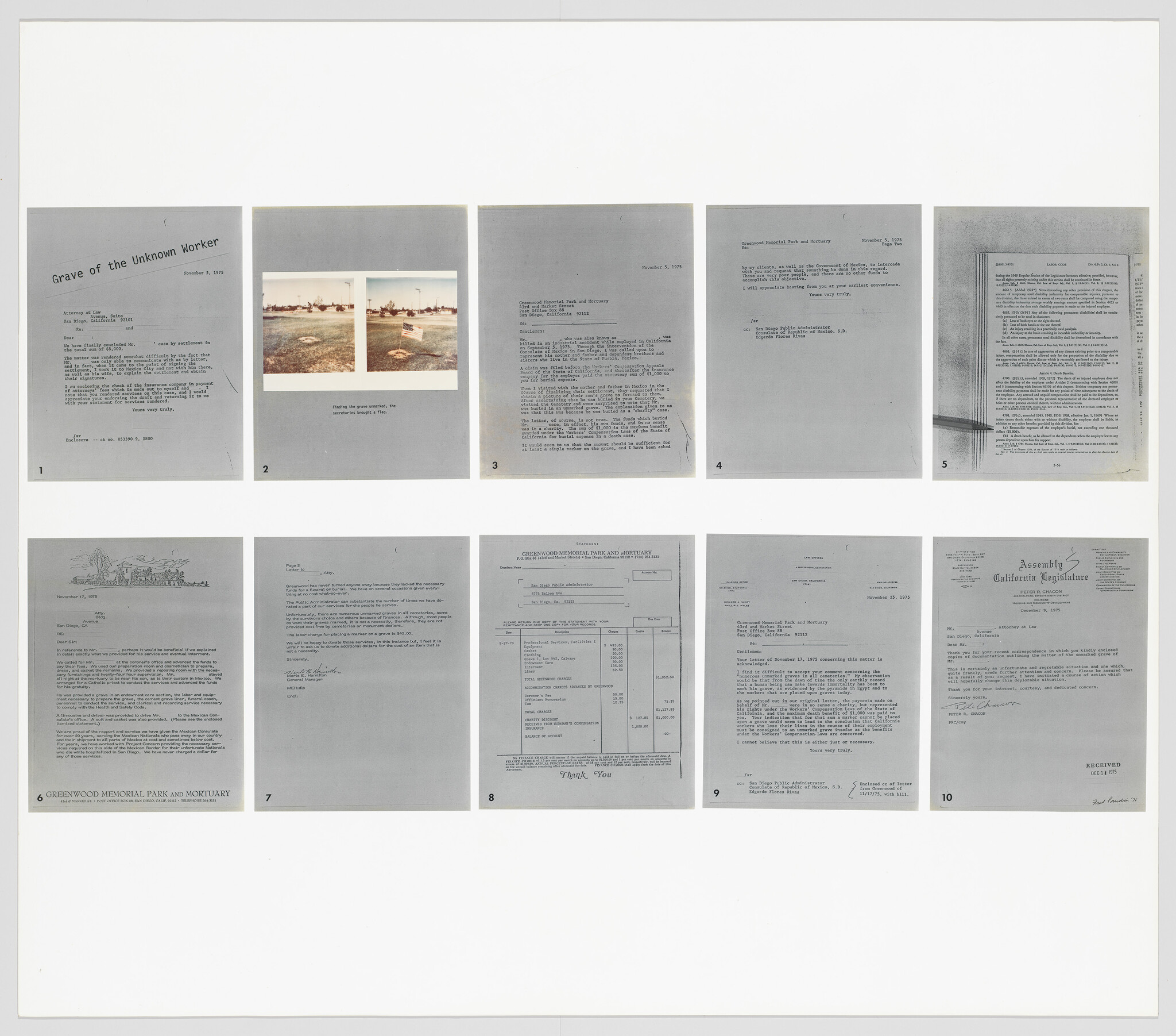 A collection of ten documents and images laid out on a white surface. The documents appear to be typed pages with titles and text, some with signatures at the bottom. The second image from the left on the top row shows three photographs of a landscape with the title "Grave of the Unknown Worker." The bottom row includes a drawing of a building with trees, and other documents with various headings, one labeled "Greenwood Memorial Park and Mortuary." The overall layout suggests an archival or research presentation of materials related to a specific topic.