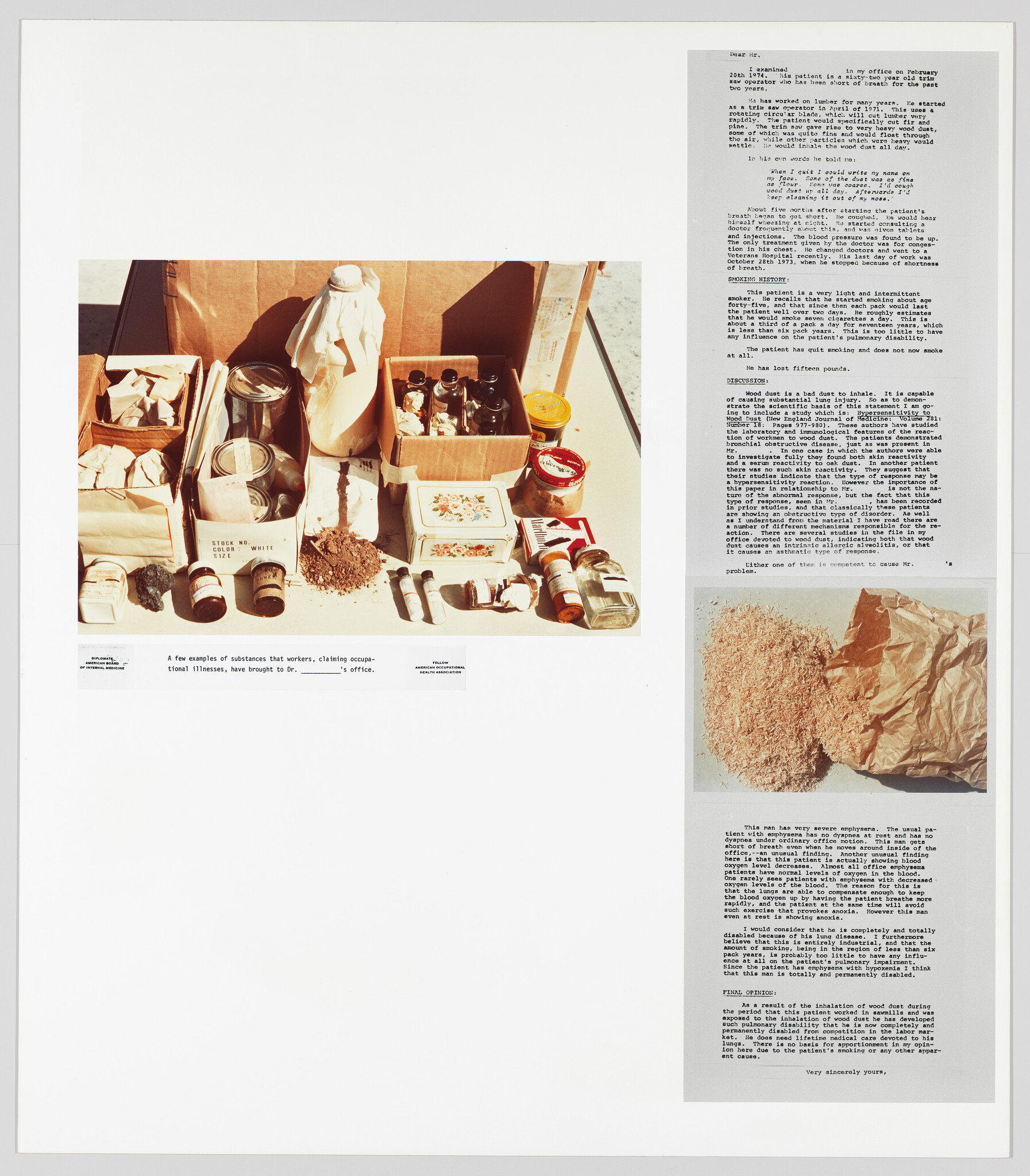 Photograph of an assortment of items laid out on the ground, including boxes with various bottles, jars, and containers, some labeled with text such as "STEAK," "SPICES," and "HONEY." A statue of the Virgin Mary is also visible among the items. The image includes text blocks on the right side and bottom, suggesting an informative or artistic presentation.