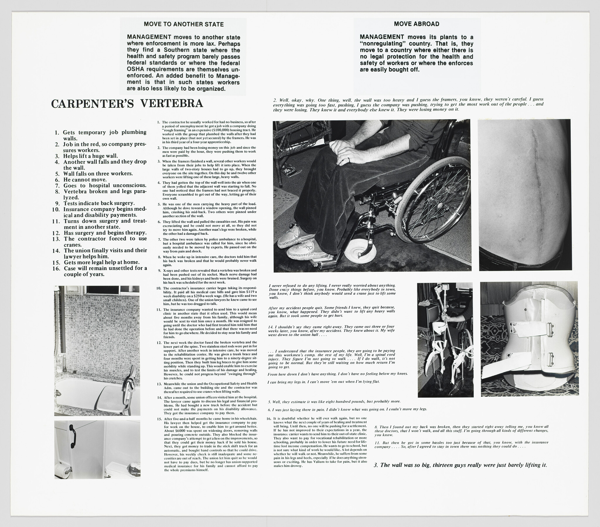 This image shows a collage of text excerpts, photographs, and illustrations related to workplace safety and injuries. The left side of the image features a list titled "CARPENTER'S VERTEBRA" with numbered points detailing the steps of a workplace injury from occurrence to recovery. The right side includes two sections titled "MOVE TO ANOTHER STATE" and "MOVE ABROAD," both discussing the implications of business decisions on worker safety and health. Accompanying the text are black and white photographs: one of a person in a wheelchair, another showing a close-up of a back with a visible spinal injury, and a third depicting a medical back brace. There are also images of a shower handle and a bathtub with safety bars, suggesting adaptations for disability. The overall layout resembles pages from a publication or a report, with a focus on the human impact of workplace accidents and the importance of safety regulations.